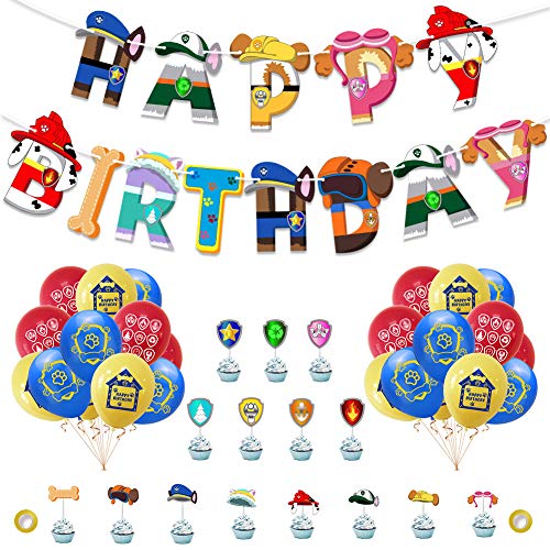 XYDZ Juego de Decoraciones para Fiestas de Patrulla de Perros, Pancarta de Feliz cumpleaños, Globos de látex, Adornos para Tartas, Suministros para Fiestas de cumpleaños de Patrulla de Perros