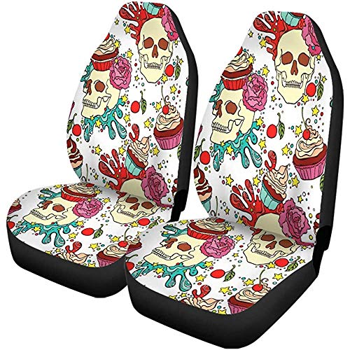 XZfly Fundas para asientos de automóvil Productos de patrón de cupcake de calavera de panadería Pastel de baya Cerezo Juego de 1 protectores Ajuste de coche para coche