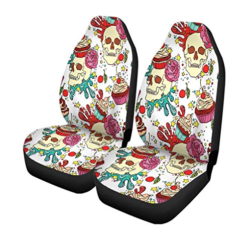 XZfly Fundas para asientos de automóvil Productos de patrón de cupcake de calavera de panadería Pastel de baya Cerezo Juego de 2 protectores Ajuste de coche para coche