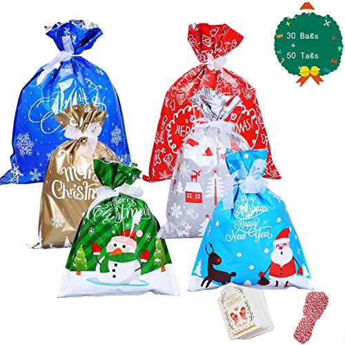 YAAVAAW 30Pz Bolsas Grandes de Regalo de Navidad(con Cintas y 50 etiquetas),Envoltura de Regalos Bolsas para Regalos Navidad Bolsas Suministros de fiesta de Navidad,Bolsas de regalo de Año Nuevo