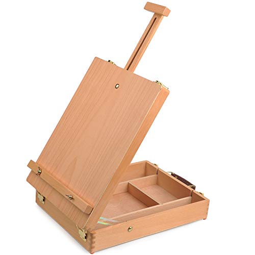 YANSHON Caja de Caballete de Madera, Caja de Caballete de Pintura de Madera de Haya, Caballete para Tubos de Pintura / Pinceles / Paleta de Pintura, Kit de Caballete de Mesa de Artista, Marrón Claro