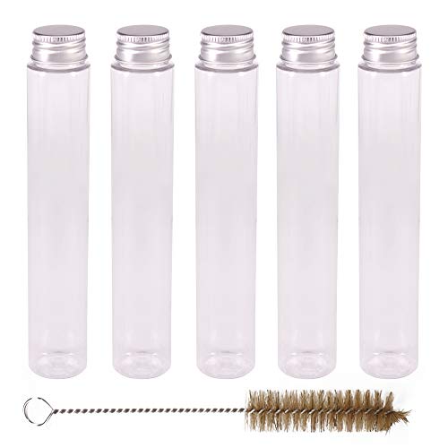 YBCPACK 15 tubos de ensayo de plástico transparente de 100 ml con tapones de rosca y un cepillo para granos de gelatina, cacahuetes, cuentas, recipientes de muestras para celebraciones, bodas, fiestas