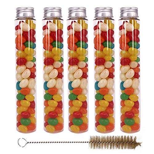 YBCPACK 15 tubos de ensayo de plástico transparente de 100 ml con tapones de rosca y un cepillo para granos de gelatina, cacahuetes, cuentas, recipientes de muestras para celebraciones, bodas, fiestas