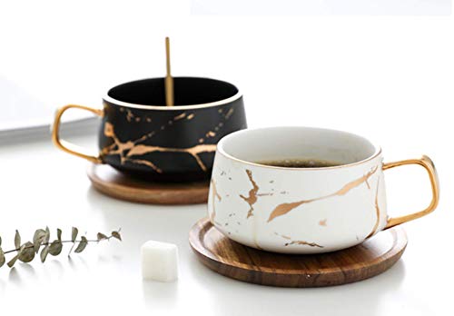 YBK Tech - Juego de tazas de té de porcelana para té de la tarde, diseño de mármol, porcelana, blanco, Short 300ml + bamboo saucer