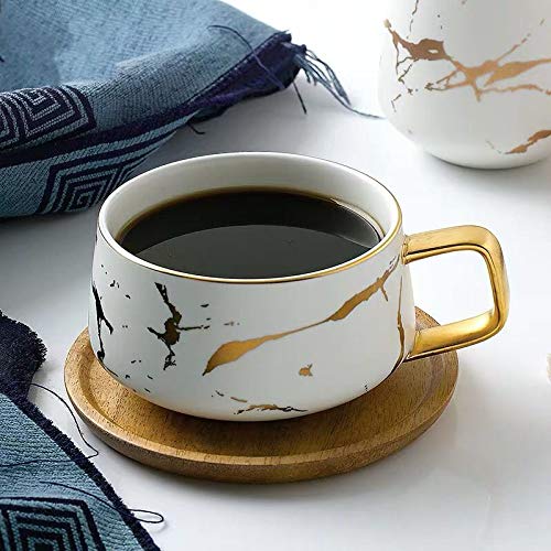 YBK Tech - Juego de tazas de té de porcelana para té de la tarde, diseño de mármol, porcelana, blanco, Short 300ml + bamboo saucer