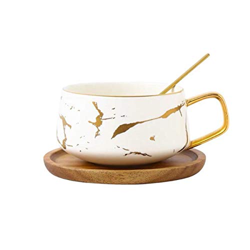 YBK Tech - Juego de tazas de té de porcelana para té de la tarde, diseño de mármol, porcelana, blanco, Short 300ml + bamboo saucer