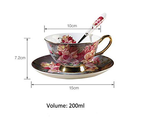 YBK Tech - Juego de tazas y platillo (porcelana de porcelana de hueso), diseño de taza de café para el hogar y la cocina (rosa clásica)