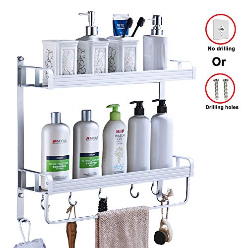 Yeegout adhesivo estanteria ducha con barra de toalla y ganchos, aluminio Espesamiento estanteria baño sin taladro montado en la pared estante para baño para cocina (2 nivel)