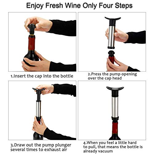 YFOX - Bomba de vino tinto, bomba de vacío de acero inoxidable para conservar el vino, para eliminar el aire y conservar al vacío, con 4 cierres para botellas de vacío