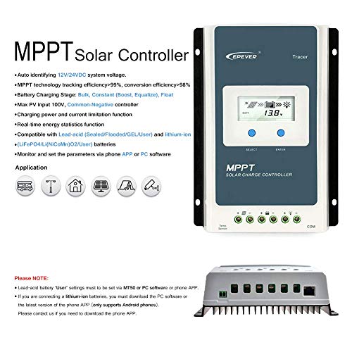 Y&H MPPT Controlador de Carga Solar Tracer AN Series 10A/20A/30A/40A 12V/24V DC para identificar automáticamente el Voltaje del Sistema