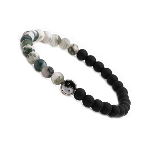 Ying Yang Pulsera de cuentas de equilibrio de chakra curativo con ónix negro mate natural y cuentas de ágata de musgo y esmalte blanco y negro y acabado plateado