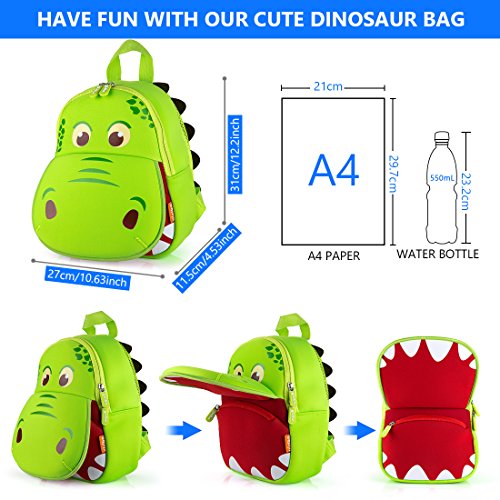 yisibo Mochilas para Niños Kindergarten Preescolar para Niños Pequeños/Niñas Mochila 3D Bolsa De Animales Mochilas para Niños Linda Mochila De Guardería 2-6 Años(Boca Grande Dinosaurio-Verde)