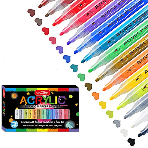 YITHINC Rotuladores de Pintura Acrílica 15 Colores Rotulador Permanente a Base de Agua de para Pintura de Roca Cerámica Vidrio Madera Guijarros Tela Metal Secado Rápido