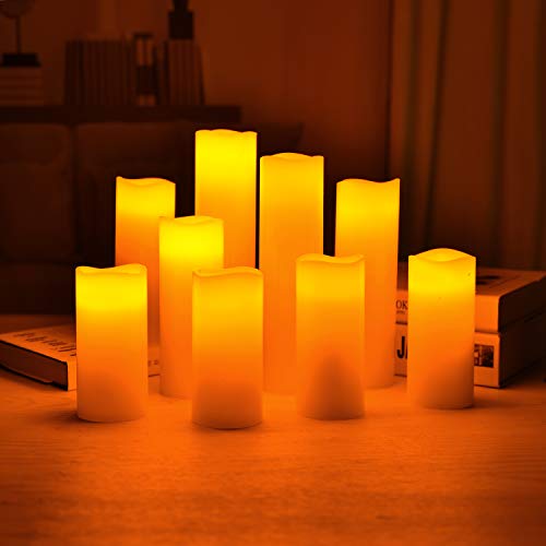 YIWER LED Velas sin Llama 4"5" 6"7" 8"9" Juego de 9 Pilas de Cera Real no de plástico 10 Teclas con 2/4/6/8 Horas Función del Temporizador 300+ Horas (9x1, Marfil)