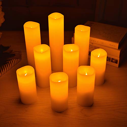 YIWER LED Velas sin Llama 4"5" 6"7" 8"9" Juego de 9 Pilas de Cera Real no de plástico 10 Teclas con 2/4/6/8 Horas Función del Temporizador 300+ Horas (9x1, Marfil)