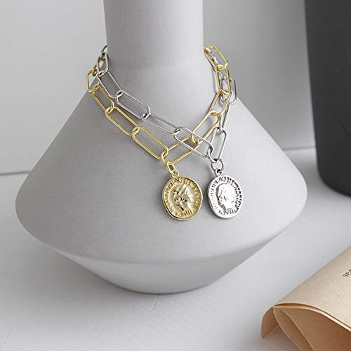 Yiyu S925 Pulseras de Cadena de Plata Pulsera Retrato geometría Medalla de Moneda de 18 cm Largo de la Cadena, Creativo Natural Hecho a Mano joyería de Las Mujeres y Las niñas x (Color : Gold)