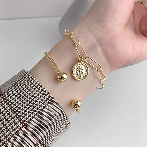 Yiyu S925 Pulseras de Cadena de Plata Pulsera Retrato geometría Medalla de Moneda de 18 cm Largo de la Cadena, Creativo Natural Hecho a Mano joyería de Las Mujeres y Las niñas x (Color : Gold)