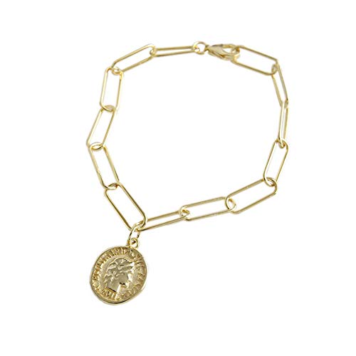 Yiyu S925 Pulseras de Cadena de Plata Pulsera Retrato geometría Medalla de Moneda de 18 cm Largo de la Cadena, Creativo Natural Hecho a Mano joyería de Las Mujeres y Las niñas x (Color : Gold)