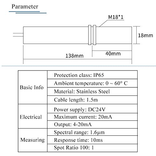 YJINGRUI Online - Termómetro infrarrojo de onda corta sin contacto, sensor de temperatura infrarrojo sonda espectral 1,6 μm para metal/llama/salida de calefacción de alta frecuencia 4-20 mA