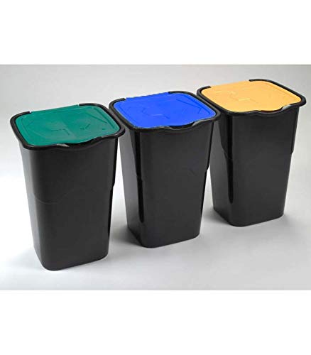 YMBERSA Kit de Reciclaje 3 Papeleras de 50 Lt. Cubo Negro. Tapas Colores