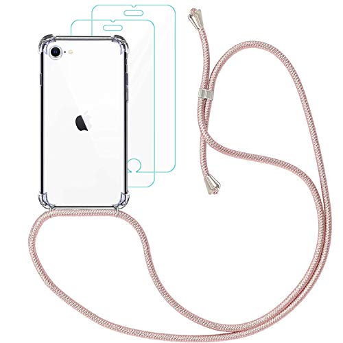 Yohii Funda con Cuerda para iphone 7/8 /SE 2020 + [2 Pack] Cristal Templado Protector de Pantalla, Carcasa Transparente TPU Suave Silicon Colgante Ajustable Collar, Case para iphone SE 2020 - Oro Rosa