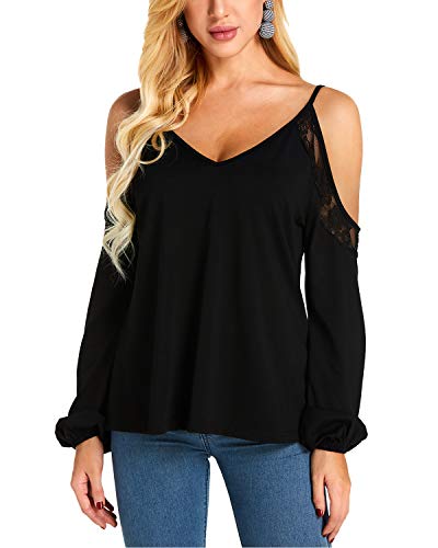 YOINS Mujer Camiseta de Manga Larga Camisas de Hombro Frío Camisetas para Mujer Elegante Blusa Casual Fiesta Tops Negro-02 XXL