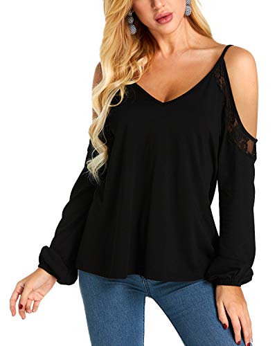 YOINS Mujer Camiseta de Manga Larga Camisas de Hombro Frío Camisetas para Mujer Elegante Blusa Casual Fiesta Tops Negro-02 XXL