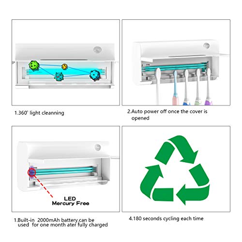 YOMENG Soporte de desinfectante de Cepillo de Dientes UV, Montaje en Pared de baño 1500mAh Organizador de Cepillo de Dientes Recargable USB Esterilización portátil para Viajes Familia en el hogar