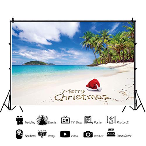 YongFoto 1,5x1m Navidad Fondo Feliz Navidad Sombrero de Navidad En la Playa Palmera Isla Fondo Feliz Navidad Víspera Retrato Producto Bandera Póster Fotografía Foto