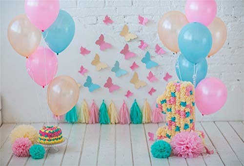 YongFoto 2,2x1,5m Fondo de Fotografia Primer cumpleaños Globos Colores Mariposas Las Flores Pared ladrillo en Mal Estado Piso Madera Blanca Telón de Fondo Party Banner Niños Photo Studio Atrezzo