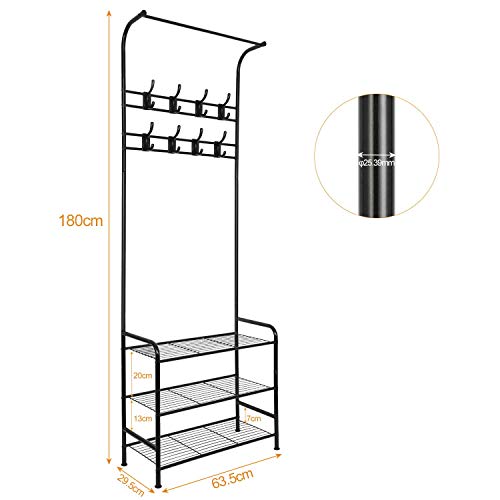 YOOKEA Perchero de Pie Metálico con 16 Ganchos, Perchero con Zapatero Resistente de 3 Capas, 63.5 x 29.5 x 180 cm, Negro