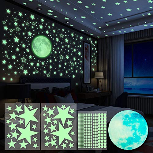 Yosemy Luminoso Pegatinas de Pared Luna Estrellas Puntos Pegatinas de Pared para Niños Infantil Fluorescente Adhesivos Decoración para Dormitorio, 4 Piezas 563pcs