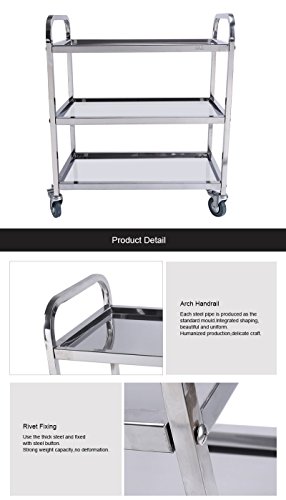 Yosoo Carrito de servicio con 3 bandejas de acero inoxidable 100%, 85  45 cm, 90 cm de altura, 28,5 cm de distancia entre las bandejas, ruedas de goma