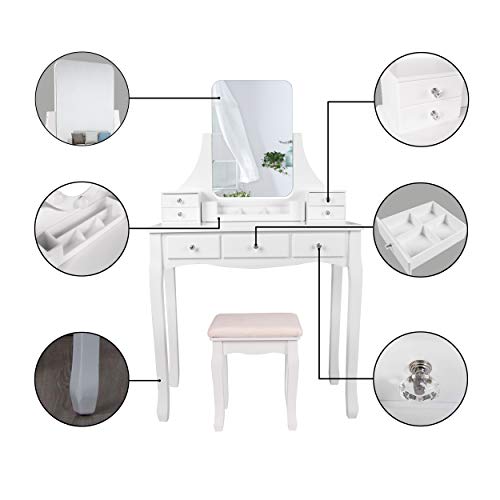 YOUKE Tocador Moderno, Mesa de Maquillaje en MDF y Pino, con Espejo sin Marco, Taburete de Madera de Goma, 7 Cajones, para Dormitorio, Vestidor, Blanco