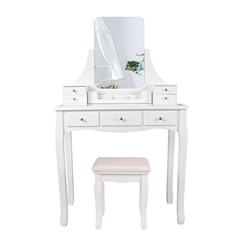 YOUKE Tocador Moderno, Mesa de Maquillaje en MDF y Pino, con Espejo sin Marco, Taburete de Madera de Goma, 7 Cajones, para Dormitorio, Vestidor, Blanco