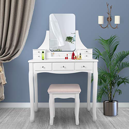 YOUKE Tocador Moderno, Mesa de Maquillaje en MDF y Pino, con Espejo sin Marco, Taburete de Madera de Goma, 7 Cajones, para Dormitorio, Vestidor, Blanco