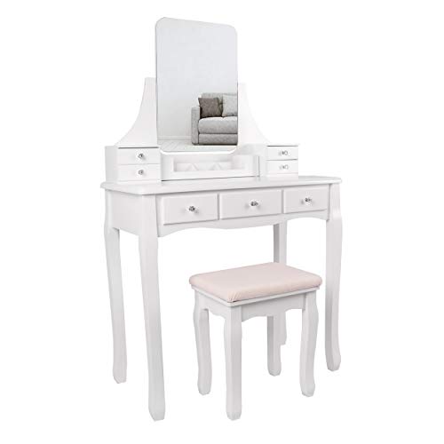 YOUKE Tocador Moderno, Mesa de Maquillaje en MDF y Pino, con Espejo sin Marco, Taburete de Madera de Goma, 7 Cajones, para Dormitorio, Vestidor, Blanco