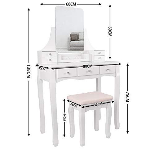 YOUKE Tocador Moderno, Mesa de Maquillaje en MDF y Pino, con Espejo sin Marco, Taburete de Madera de Goma, 7 Cajones, para Dormitorio, Vestidor, Blanco