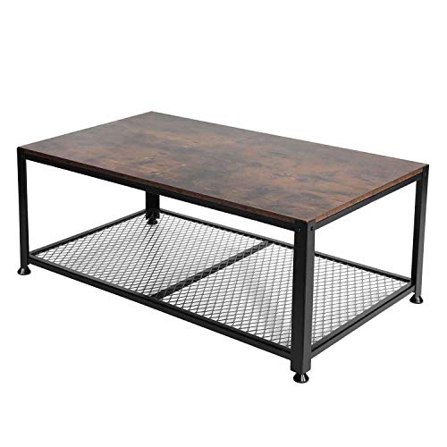 YOUNIS Mesa de Centro Salon, Mesa para Sofá de con Estante de Almacenamiento, Mesa de Centro Marrón Rústica Muebles de Acento de Madera Decoración para el Hogar con Marco de Metal, Fácil Montaje