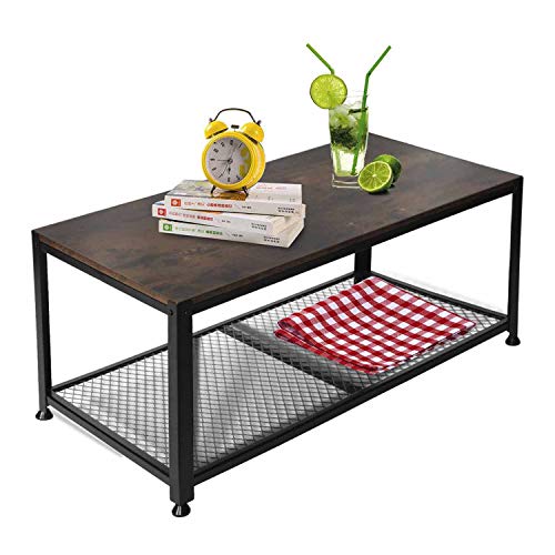 YOUNIS Mesa de Centro Salon, Mesa para Sofá de con Estante de Almacenamiento, Mesa de Centro Marrón Rústica Muebles de Acento de Madera Decoración para el Hogar con Marco de Metal, Fácil Montaje