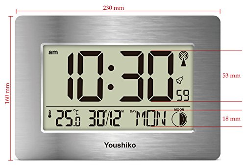 Youshiko - Reloj de pared o escritorio con control por radio (pantalla grande, LCD, silencioso, versión oficial del Reino Unido), configuración automática con fecha de día, mes (plata)