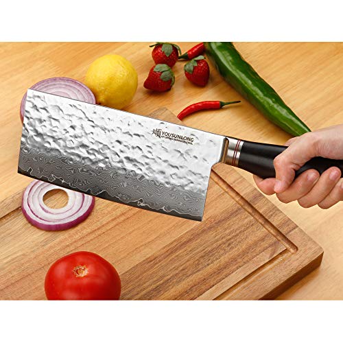 YOUSUNLONG Damasco - Cuchillo de cocina chino casero de 7 pulgadas - Japón VG10 - Acero inoxidable con alto contenido de carbono - Hoja de afeitar - Mango de hueso - SL-DK10910B