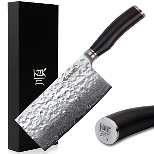 YOUSUNLONG Damasco - Cuchillo de cocina chino casero de 7 pulgadas - Japón VG10 - Acero inoxidable con alto contenido de carbono - Hoja de afeitar - Mango de hueso - SL-DK10910B