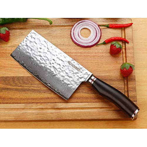 YOUSUNLONG Damasco - Cuchillo de cocina chino casero de 7 pulgadas - Japón VG10 - Acero inoxidable con alto contenido de carbono - Hoja de afeitar - Mango de hueso - SL-DK10910B