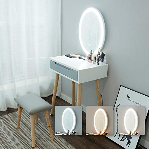 YU YUSING Tocador de Maquillaje con luz, 1 cajones, Organizador extraíble, Mesa cosmética con Taburete tapizado, para Dormitorio, vestidor, Moderno, Espejo Ovalado