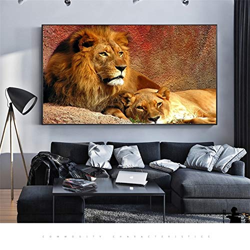 YuanMinglu Lion Poster Nordic Lion Lioness Lienzo de Arte para Sala de Estar Arte Retro póster Retro decoración del hogar lienzos sin Marco 50x75cm