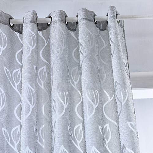 YUENA CARE Cortinas Visillos con Diseño de Patrón de Hoja, Moderno Cortina de Gasa Transparente con Ojales, para Sala Cuarto Comedor Salon Gris 100x270cm