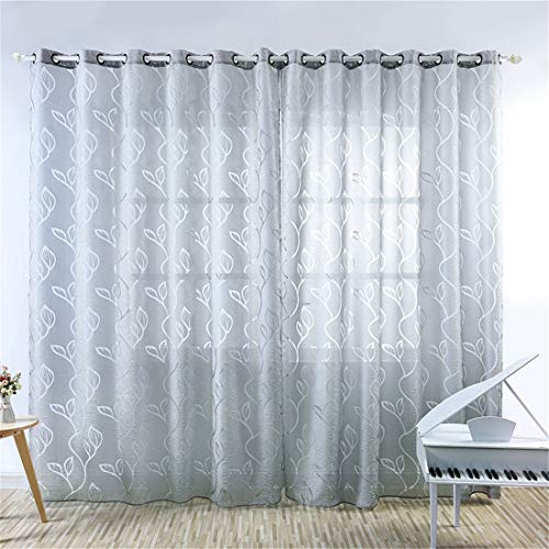 YUENA CARE Cortinas Visillos con Diseño de Patrón de Hoja, Moderno Cortina de Gasa Transparente con Ojales, para Sala Cuarto Comedor Salon Gris 100x270cm