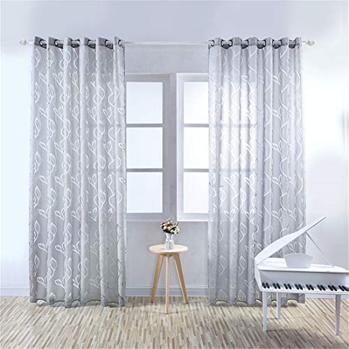 YUENA CARE Cortinas Visillos con Diseño de Patrón de Hoja, Moderno Cortina de Gasa Transparente con Ojales, para Sala Cuarto Comedor Salon Gris 100x270cm