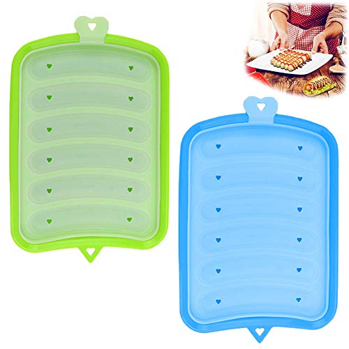 YUIP 2 Pcs Molde de Salchicha de Bricolaje, Molde para Salchichas, Molde de Silicona para Hot Dog,Jamón Molde,Contenedores de Alimentos Pequeños para Perros Calientes con Tapa,6 Bandejas,Verde & Azul